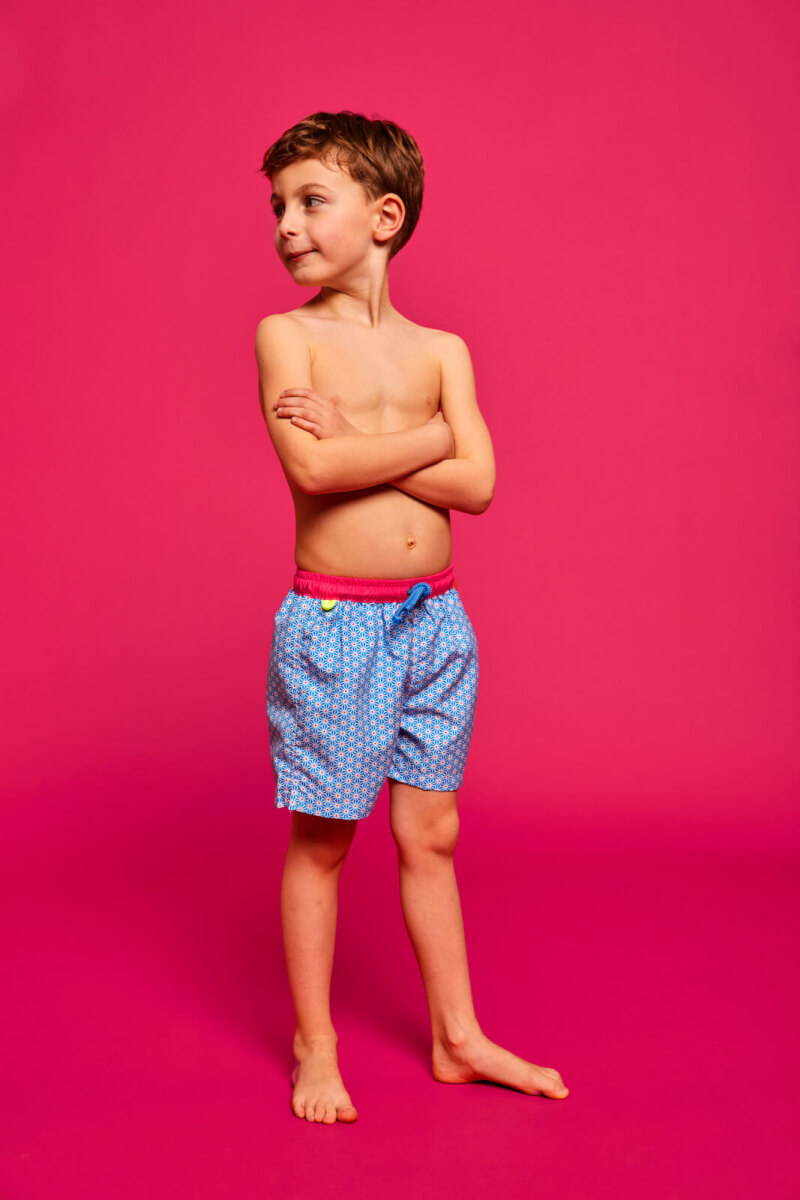 Boy wearing a swimsuit with buttoned belt Meno Blue Asanoha