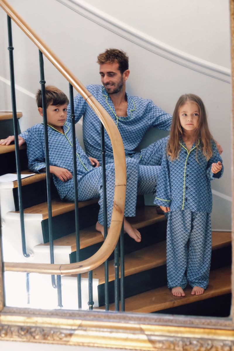 Family wearing the Blue Kyoto pyjama