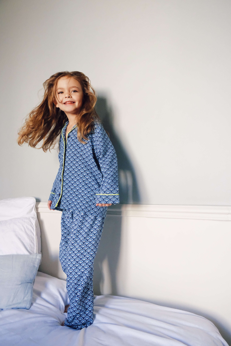 Little girl wearing the Blue Kyoto pyjama